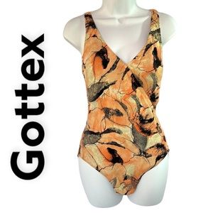 Gottex one piece swimsuit peach black floral v neck surpliced plunge back Sz 12